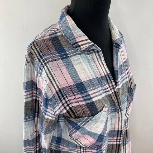 BELLA BAHL Blue/Pink Plaid Linen-Cotton Flannel Button-Up Shirt Top Cowgirl S - Picture 5 of 9